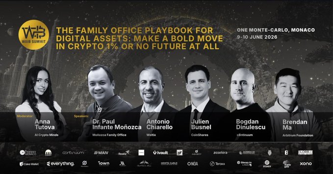 The image shows a poster with multiple men standing next to each other, presumably posing for a family photo. There is also text on the poster, which appears to be related to the event being advertised. The main focus of the poster is the event's title: "Family Office Playbook for Digital Assets". The poster also mentions that attendees will have the opportunity to listen to experts and learn about how digital assets are evaluated in the allocator program.