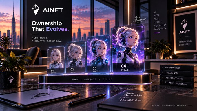 An NFT-themed promotional image for 'AINFT' features a character evolving across four stages ('01 Created, 02 Learns, 03 Adapts, 04 Evolves') in glowing display cards, with the tagline 'Ownership That Evolves. SAME ASSET. A SMARTER TOMORROW.'