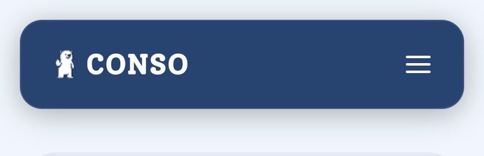 A dark blue navigation button displays the word 'CONSO' in white text next to a small bear icon, with a hamburger menu icon on the right.