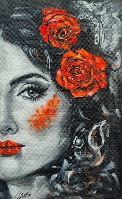 A painted portrait of a woman with dark hair, red lips, and vibrant red roses adorning her hair, signed 'Geda' in the lower left corner.