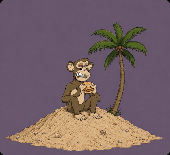 A cartoon illustration of a monkey sitting on a sand mound next to a palm tree against a purple background, eating what appears to be a sandwich or burger.