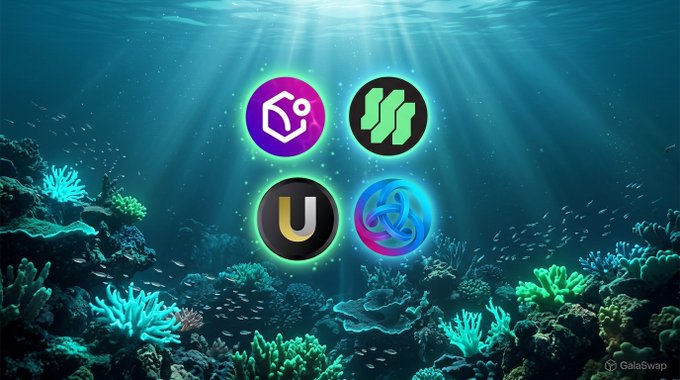 Four cryptocurrency tokens—Polygon (purple), SuperVerse/SUPER (green), Uniswap/U (black), and Astar/ASTR (blue knot)—are displayed against a vibrant underwater coral reef scene with light rays streaming down, visually representing the newly available assets for peer-to-peer trading on GalaSwap. The GalaSwap logo appears in the bottom right corner.
