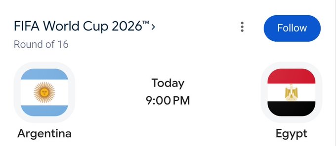 A FIFA World Cup 2026 Round of 16 match preview shows Argentina facing Egypt today at 9:00 PM, serving as the fixture for a giveaway where 15 people can win $2,000 each by predicting the correct score within 12 hours.
