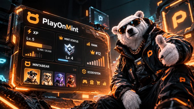 An animated polar bear in a black jacket and sunglasses sits next to a glowing orange digital dashboard displaying 'PlayOnMint', 'MINTABEAR' with collectible bear avatars, XP at Level 5, and various game stats.