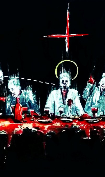A dark, macabre painting depicting a Last Supper scene with skeletal figures seated at a blood-red table beneath an inverted cross.