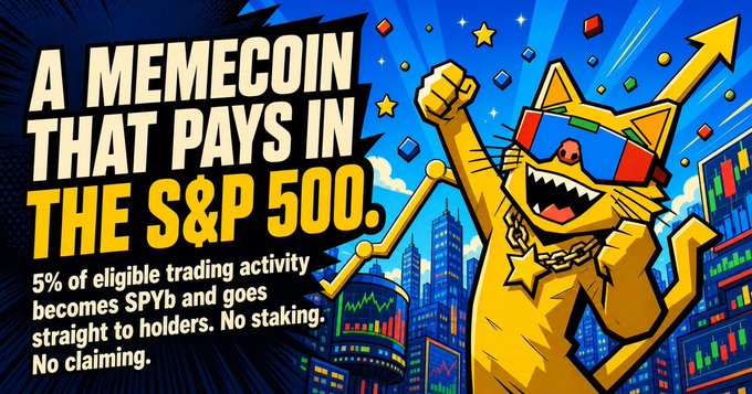 This image advertises "SP69," a memecoin on BNB Chain that pays holders 5% of trading volume as dividends in the S&P 500 (SPYb). The graphic features a cartoon cat celebrating amidst a cityscape with stock market charts, visually representing wealth and financial success.