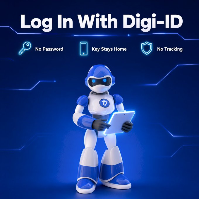 A promotional graphic for 'Digi-ID' login features a blue and white robot holding a tablet, highlighting features: 'No Password,' 'Key Stays Home,' and 'No Tracking.'