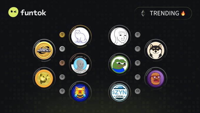The funtok platform displaying 10 trending meme coins, including DOGE, Wojak, and others, with various community-themed icons.