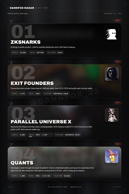 The 'DANNFOX RADAR' daily index displays a top 4 list of NFT projects: 1. ZKSNARKS, 2. EXIT FOUNDERS, 3. PARALLEL UNIVERSE X, and 4. QUANTS.