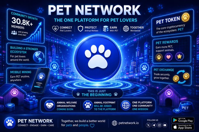 A promotional graphic for 'PET NETWORK - THE ONE PLATFORM FOR PET LOVERS' highlighting a 30.8K community growth, mobile mining, PET TOKEN, PET REWARDS, and PET EXCHANGE features with a blue paw print logo.