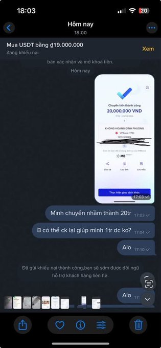 A Vietnamese chat screenshot showing a cryptocurrency transfer message reading 'Mua USDT bằng đ19.000.000' with a payment confirmation of 20,000,000 VNĐ.