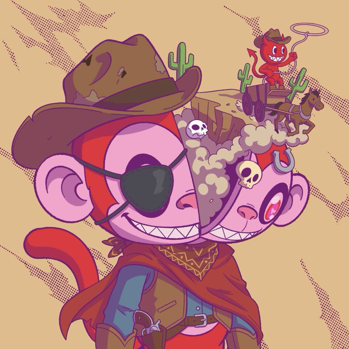 A stylized cartoon illustration features a red monkey dressed as a cowboy with an eyepatch, bandana, and hat, with a torn section of its head revealing a desert scene where a smaller devil monkey lassoes a horse-drawn wagon—visually representing the "KludzNFT" project mentioned in the post as a colorful monkey-themed NFT collection.