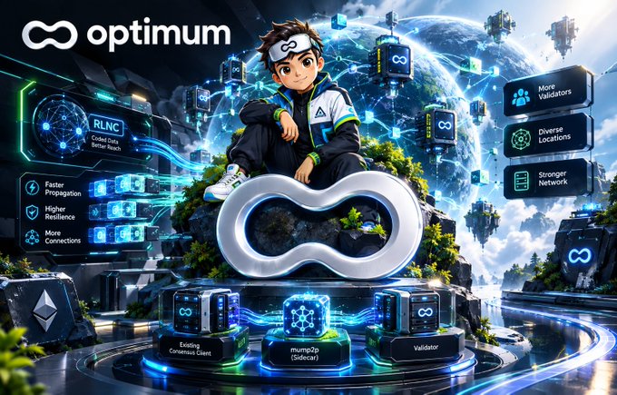 An anime-style illustration for 'optimum' showing a boy in futuristic gear sitting on a large infinity logo, with floating panels highlighting features like 'RLNC', 'Faster Propagation', and 'More Validators'.