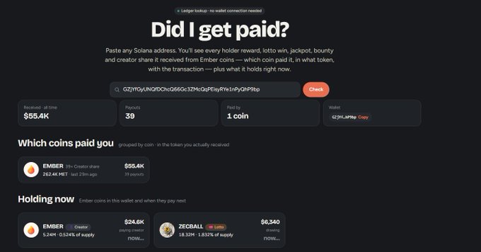 A website titled 'Did I get paid?' shows a Solana wallet balance of $55.4K with 39 payouts and 1 coin paid, highlighting EMBER ($59.4K) as the paying coin and current holdings in EMBER and ZECBALL.
