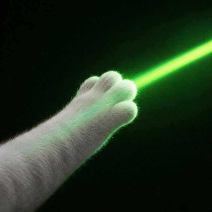 A white cat's paw reaches out dramatically toward a bright green laser beam against a dark background, creating a playful, glowing visual effect.