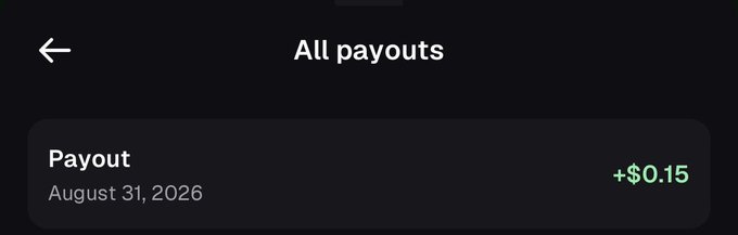 A dark mobile interface screen showing an "All payouts" section with a single transaction of +$0.15 dated August 31, 2026.
