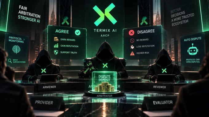 A promotional graphic for 'TERMIX AI AACP' depicting a fair arbitration system with hooded figures seated at desks labeled 'ARBITRATOR', 'PROVIDER', and 'EVALUATOR', highlighting 'AGREE' (earn reward, gain reputation, support truth) versus 'DISAGREE' (no reward, lose reputation, higher risk).