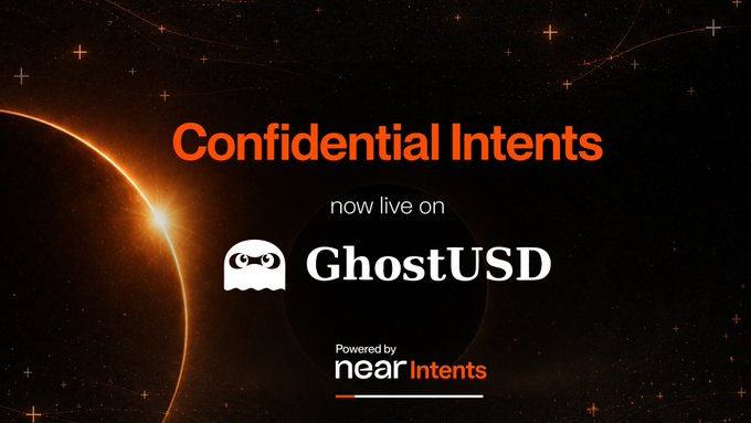 A promotional graphic featuring "Confidential Intents" in bold orange text and the GhostUSD logo with its ghost mascot, set against a dark, cosmic background with stars and an orange planetary arc. Below, "now live on" and "Powered by near Intents" indicate that Near Intents is now integrated with GhostUSD's Private Swaps Aggregator and Privacy Send.