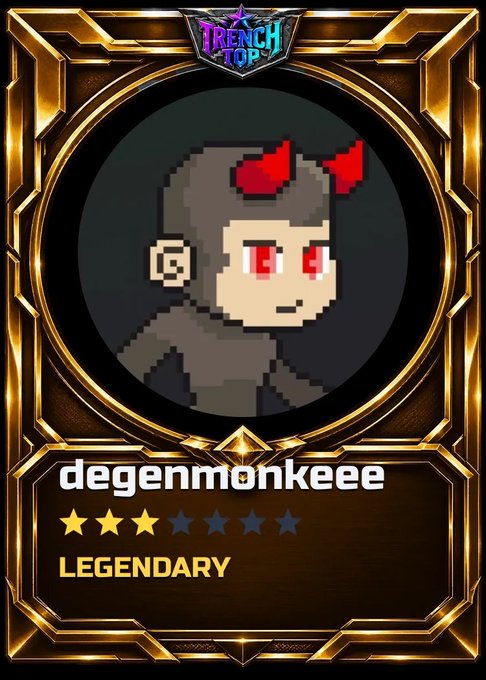 A trading card from "French TCG" featuring a pixel-art character with red horns and ears, labeled "degenmonkeee" with a 3-star "LEGENDARY" rating.