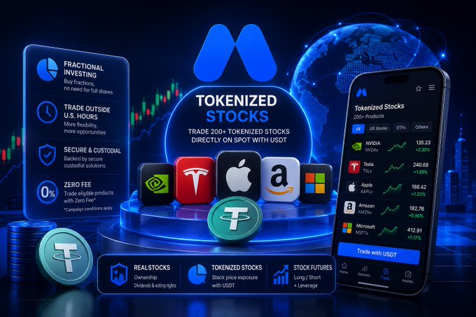 A promotional graphic for Tokenized Stocks featuring company logos (Nvidia, Tesla, Apple, Amazon, Microsoft, Tether) with text promoting trading 200+ tokenized stocks on spot with USDT, highlighting fractional investing and zero fees.