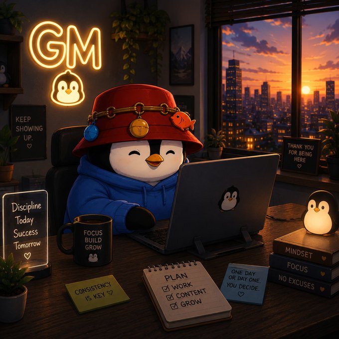 The image features a cartoon penguin sitting at a desk with a laptop computer, surrounded by various items such as books, papers, and plants. The scene takes place during sunset or dusk, creating a warm and cozy atmosphere. The caption "GM CT locked in and building today consistency is key" suggests that the penguin's focus on its work and maintaining a consistent routine are important factors for success. This message can be related to the importance of staying focused and disciplined when working from home, as seen in the image with the cartoon penguin.