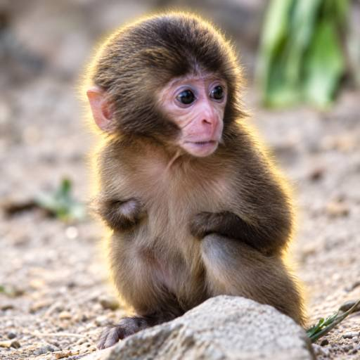A close-up photograph of an adorable baby monkey sitting on rocky ground, looking to the side with large dark eyes.
