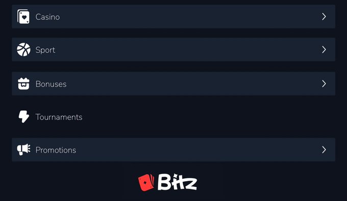 A dark-themed navigation menu for "Blitz" featuring menu items for Casino, Sport, Bonuses, Tournaments, and Promotions.