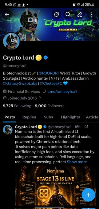 A Twitter profile for 'Crypto Lord' (@ramseyfox1) describes them as a Biotechnologist and Web3 Tutor, with a pinned post promoting 'Nomisma', the first AI-optimized L1 blockchain by Chromia.