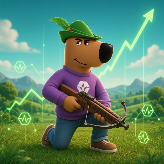 A cartoon dog character wearing a green Robin Hood-style hat and a purple sweater with a green hexagon logo, holding a crossbow, set against a background with an upward green arrow and hexagonal icons.