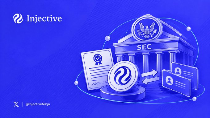 An Injective-themed graphic showing the SEC building with documents, coins, and user profile icons, credited to '@InjectiveNinja'.