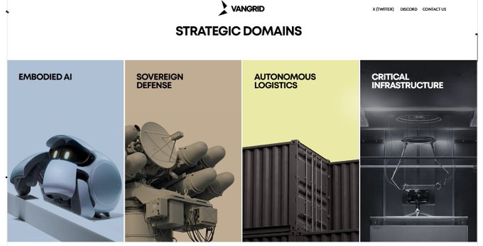 A website header for 'VANGRID' displays 'STRATEGIC DOMAINS' including 'EMBODIED AI', 'SOVEREIGN DEFENSE', 'AUTONOMOUS LOGISTICS', and 'CRITICAL INFRASTRUCTURE'.