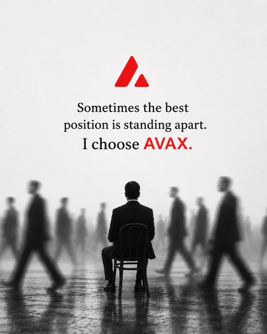 A man sits alone in a chair while a blurred crowd walks past him, beneath the AVAX logo and text: "Sometimes the best position is standing apart. I choose AVAX." The image visually reinforces the post's message about conviction in $AVAX by depicting someone calmly apart from the crowd—symbolizing the confidence to hold a different position than the masses.