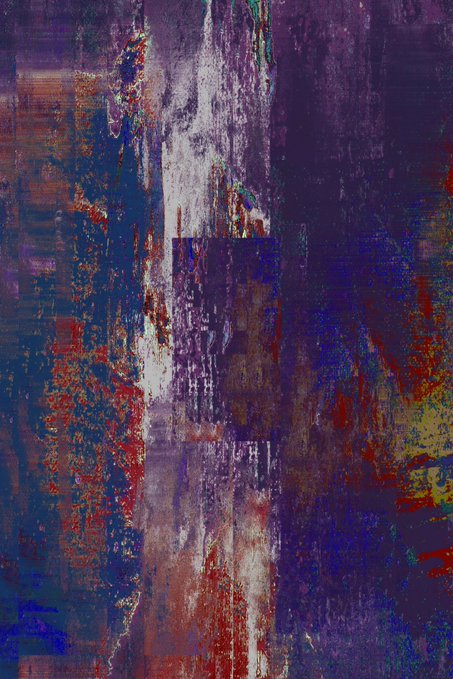 An abstract digital artwork with textured vertical streaks in deep purples, blues, reds, and white tones.