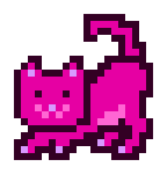 A pixel art illustration of a magenta cat with a long curled tail sitting on the ground.