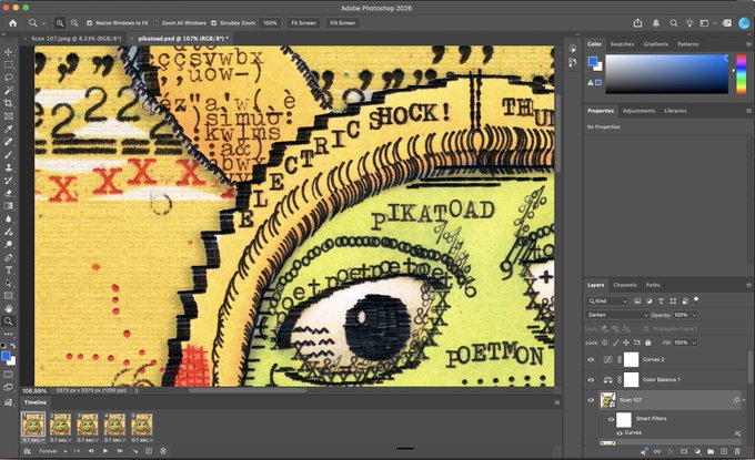 A Photoshop workspace displays a stylized, textured image featuring a large eye surrounded by words like "ELECTRIC SHOCK," "PIKATOAD," and "POETMON" with various overlapping text and patterns.