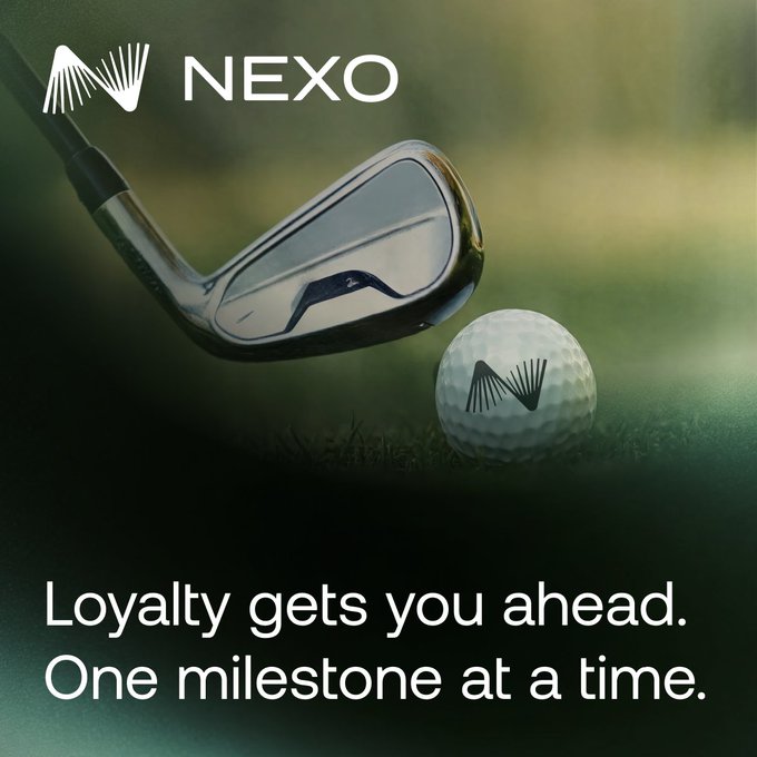 A promotional graphic for NEXO featuring a golf club head and a golf ball marked with the NEXO logo, with the tagline 'Loyalty gets you ahead. One milestone at a time.'
