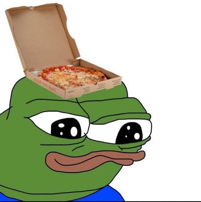 The Pepe the Frog meme with an open pizza box containing a pizza balanced on its head.