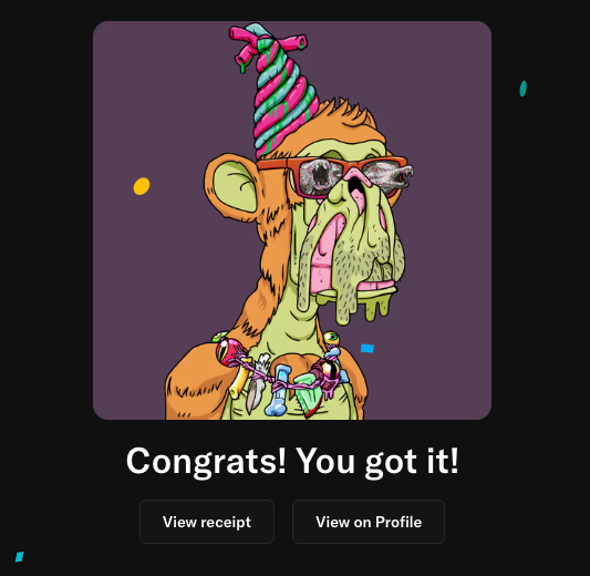 The image features a cartoon monkey wearing glasses and a party hat with a big smile, surrounded by colorful confetti. The background of the image is purple, which complements the overall theme of the post. The text "Congratulations! You got it!" indicates that the user has successfully joined an online community or group related to the cartoon character depicted in the image.