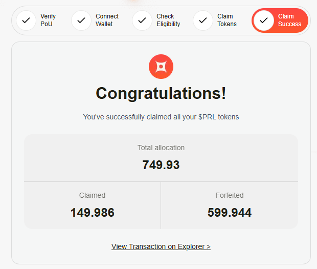 A token claim confirmation screen showing 'Congratulations!' for successfully claiming all $PRL tokens, with a total allocation of 749.93, of which 149.986 was claimed and 599.944 was forfeited.