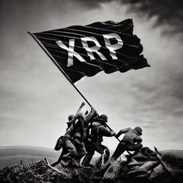 The image is a parody of the iconic Iwo Jima flag-raising photograph, with soldiers raising a flag emblazoned with "XRP" instead. It visually reinforces the poster's defiant stance of holding onto their XRP investment, framing the act of keeping the cryptocurrency as a heroic, hard-fought battle worth raising the flag for.