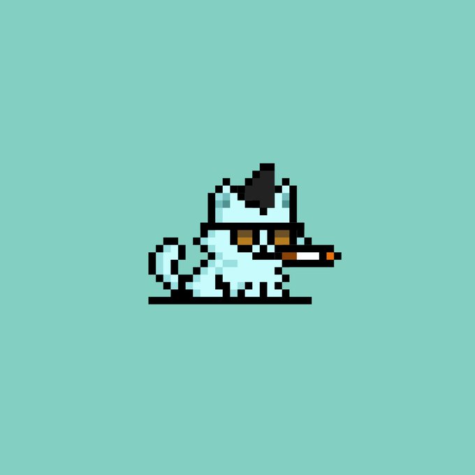 A pixel art illustration of a small white creature with a black crest, resembling a dog or wolf, sitting on a light teal background.