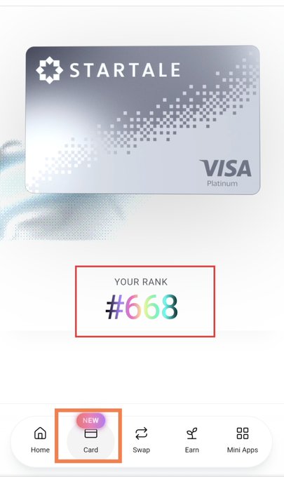 Mobile app screen displaying a 'STARTALE VISA Platinum' card design with a 'YOUR RANK' of '#668' highlighted by a red box, with the 'Card' tab selected at the bottom.