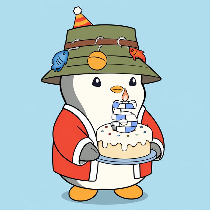 A cartoon illustration of a cute penguin character wearing a green fishing hat with lures and a party hat, holding a birthday cake with a number '5' candle.