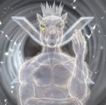A translucent, crystalline anthropomorphic llama figure wearing a crown, posing with one hand raised against a swirling gray backdrop with white particles.