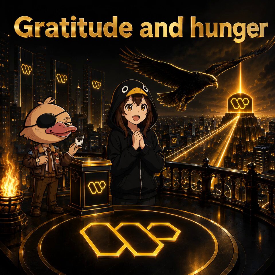 The image features two cartoon characters, one wearing a hoodie and another with a bird suit, standing together against a dark background. The text "Gratitude and hunger" is written above them, and there are logos for Wp and Rank 4 in the bottom right corner of the image.