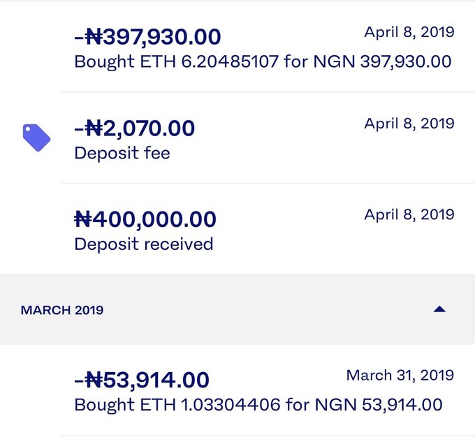 A Luno transaction history showing ETH purchases on April 8, 2019 (6.20485107 ETH for ₦397,930) and March 31, 2019 (1.03304406 ETH for ₦53,914), with related deposit fees, supporting the post's claim of buying ETH on the Luno exchange.