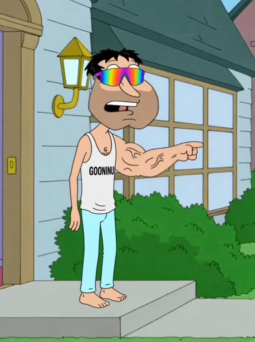 An animated character wearing rainbow sunglasses and a white tank top that reads "GOONINU" stands outside a house.