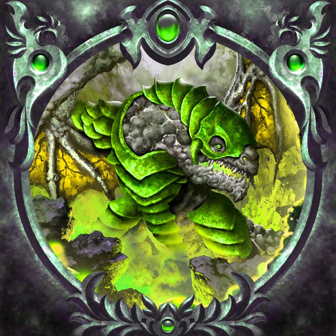 Fantasy artwork of a green armored creature or dragon-like figure within an ornate circular frame featuring green gems.