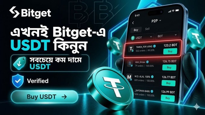 A promotional advertisement for Bitget's P2P service in Bengali, featuring a smartphone displaying USDT/BDT exchange options with various sellers and a 'Buy USDT' call-to-action button.