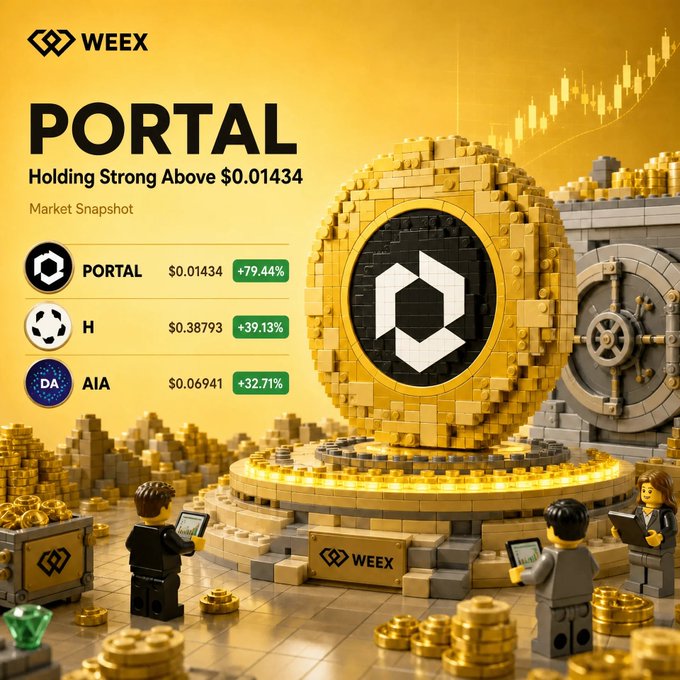 A group of people are standing around a LEGO model that looks like an arena or battlefield, with a giant golden coin featuring a logo above them. The scene also includes several stacks of gold coins nearby. A post on social media displays a screenshot of the LEGO item and mentions how it could be used as a market trading token to hold strong above $0.01434 at a rate of 79.44% over the first four months, with a maximum gain of 39.13%.